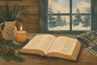 Open Bible with Evergreen Candlelight