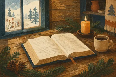 Open Bible with Evergreen Morning Devotion