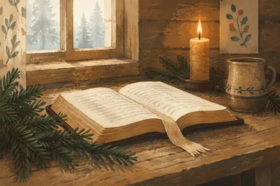 Open Bible with Evergreen Morning Light