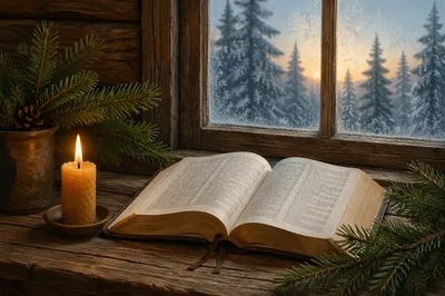Open Bible with Evergreen Candlelight