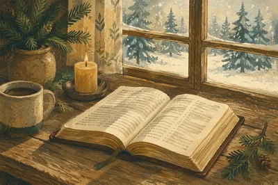 Open Bible with Evergreens in Winter Cottage