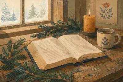 Open Bible with Evergreen Morning Light