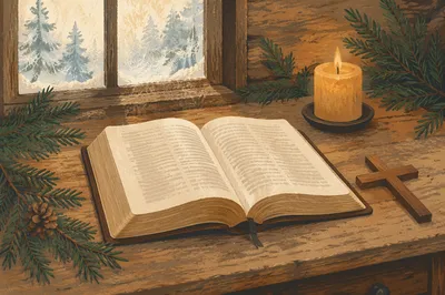 Open Bible with Evergreen and Candlelight