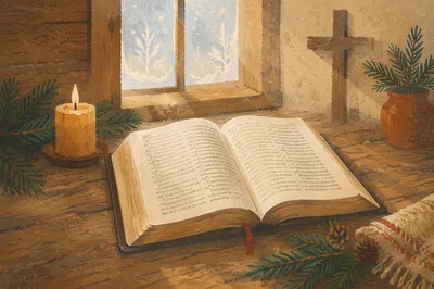 Open Bible with Evergreen Candlelight