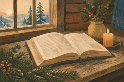 Open Bible with Evergreen and Candle