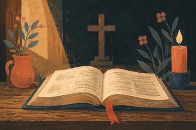 Open Bible on Rustic Wooden Table