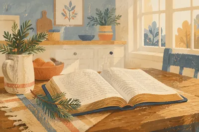 Open Bible with Evergreen on Rustic Table