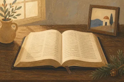 Open Bible on Warm Wooden Table