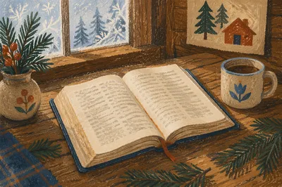 Open Bible with Evergreen Cabin Morning