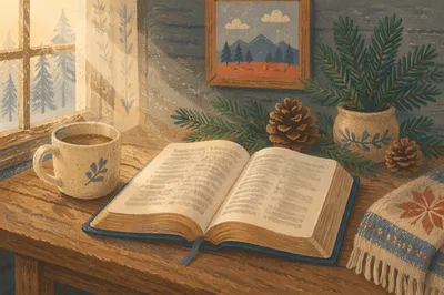 Open Bible with Evergreen Winter Devotion