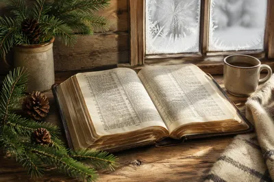 Open Bible with Evergreen Winter Light