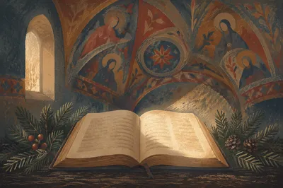Open Bible with Evergreen in Quiet Chapel