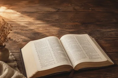 Open Bible on Walnut Table