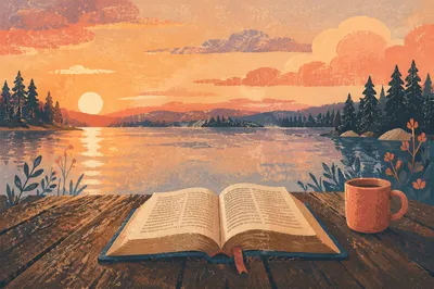 Open Bible by Lakeside Sunset Table