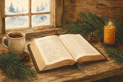 Open Bible with Evergreen Morning Devotion