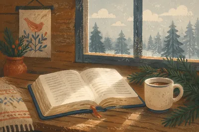 Open Bible on Evergreen Cabin Table