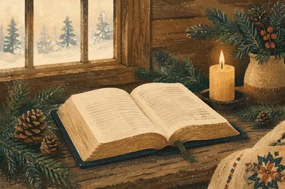 Open Bible with Evergreen and Candlelight