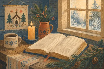 Open Bible with Evergreen Morning Prayer