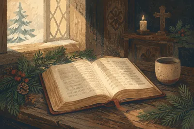 Open Bible with Evergreen Chapel Light