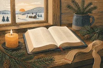 Open Bible with Evergreen and Candle