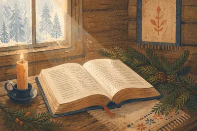 Open Bible with Evergreen in Rustic Cabin
