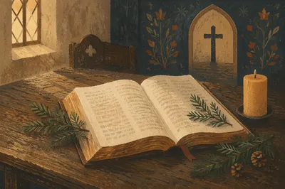 Open Bible with Evergreen in Historic Chapel