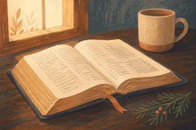 Open Bible With Evergreen Sprig
