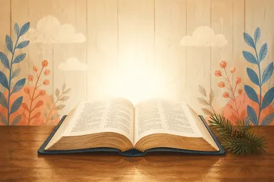 Open Bible with Evergreen Sprig on Wood