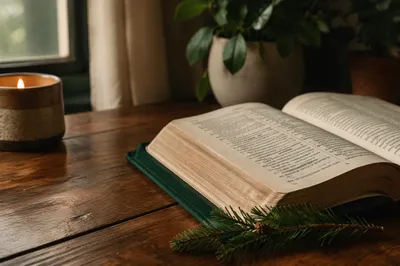 Open Bible with Evergreen Table Accent