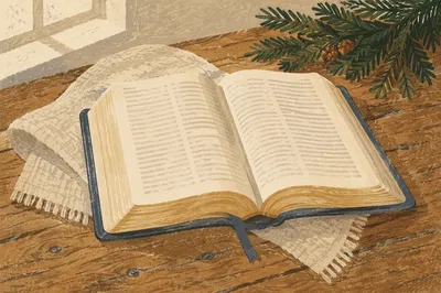 Open Bible on Rustic Wooden Table