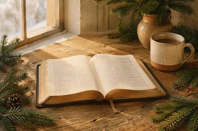 Open Bible with Evergreen on Rustic Table