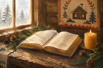 Open Bible with Evergreen Cabin Devotion