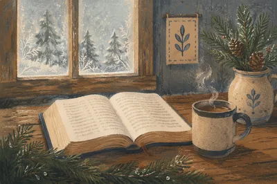 Open Bible with Evergreen on Rustic Table