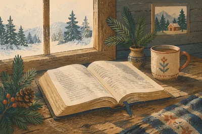 Open Bible with Evergreen Cabin Morning