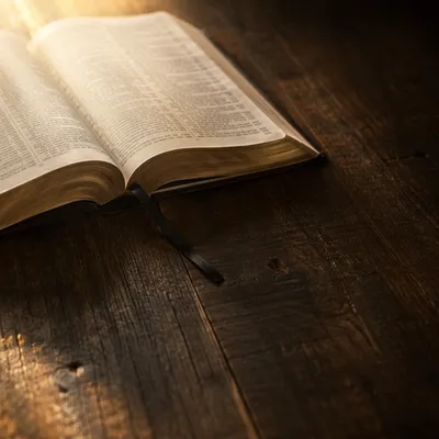 Open Bible on Rustic Wooden Table
