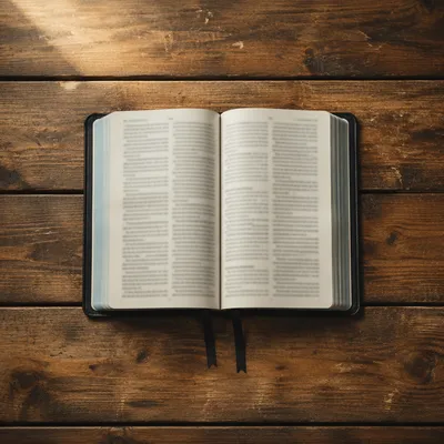 Open Bible on Rustic Wooden Table