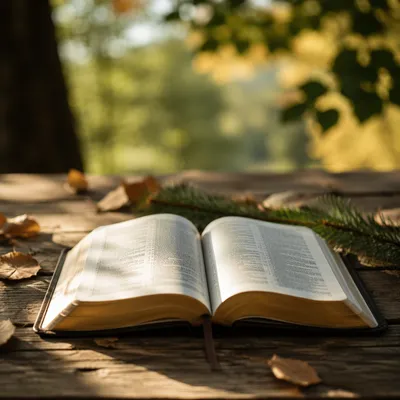 Open Bible on Rustic Wooden Table