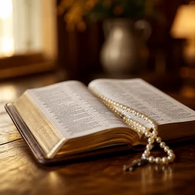 Open Bible with Prayer Beads on Wood