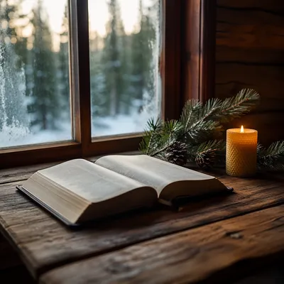 Open Bible with Evergreen Candlelight