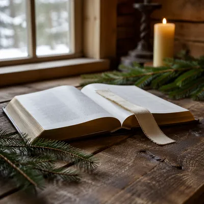 Open Bible with Evergreen and Candlelight