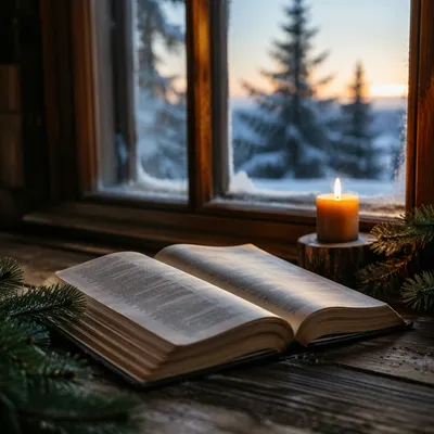 Open Bible with Evergreen Candlelight