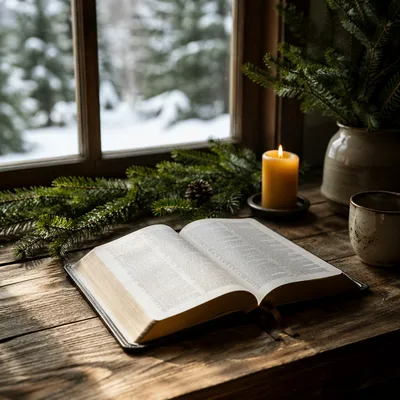 Open Bible with Evergreen Winter Cottage Light