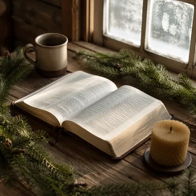 Open Bible with Evergreen Morning Light