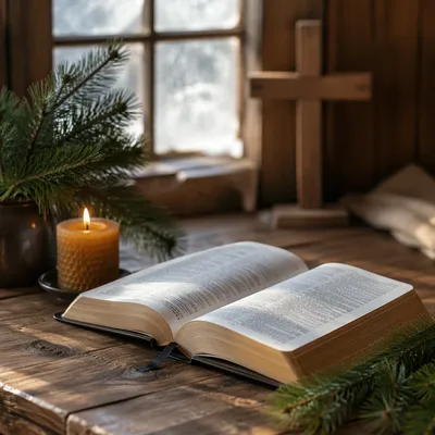 Open Bible with Evergreen Candlelight