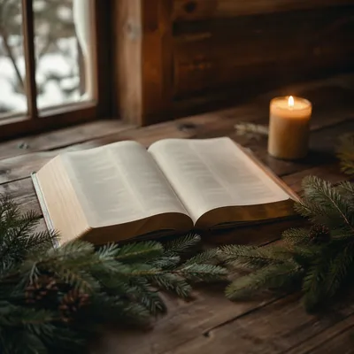 Open Bible with Evergreen and Candlelight
