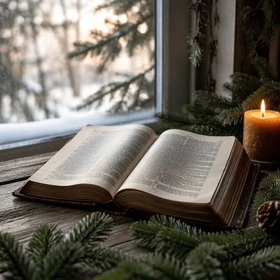 Open Bible with Evergreen and Candle