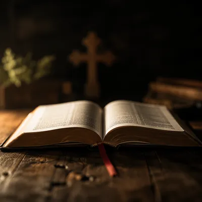Open Bible on Rustic Wooden Table