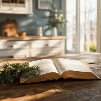 Open Bible with Evergreen on Rustic Table