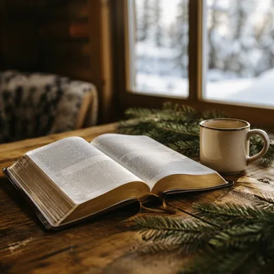 Open Bible with Evergreens on Rustic Table