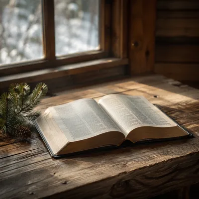 Open Bible with Evergreen on Wooden Table